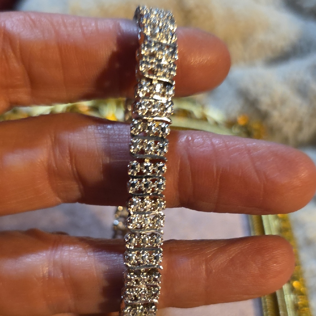 Silver Bracelet With Sparkling Accents, Double Sided Safety Clasps Stamped China